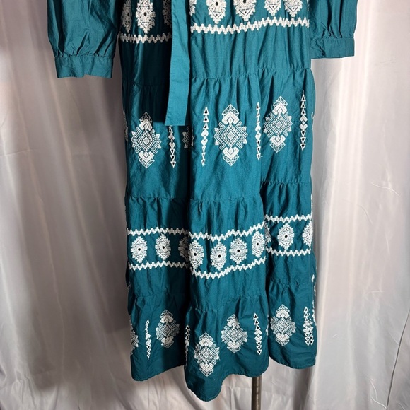 ZARA Sz L Tiered Ruffle Puff Sleeve Hidden Buttons Belted Embroidered Dress - Picture 5 of 10